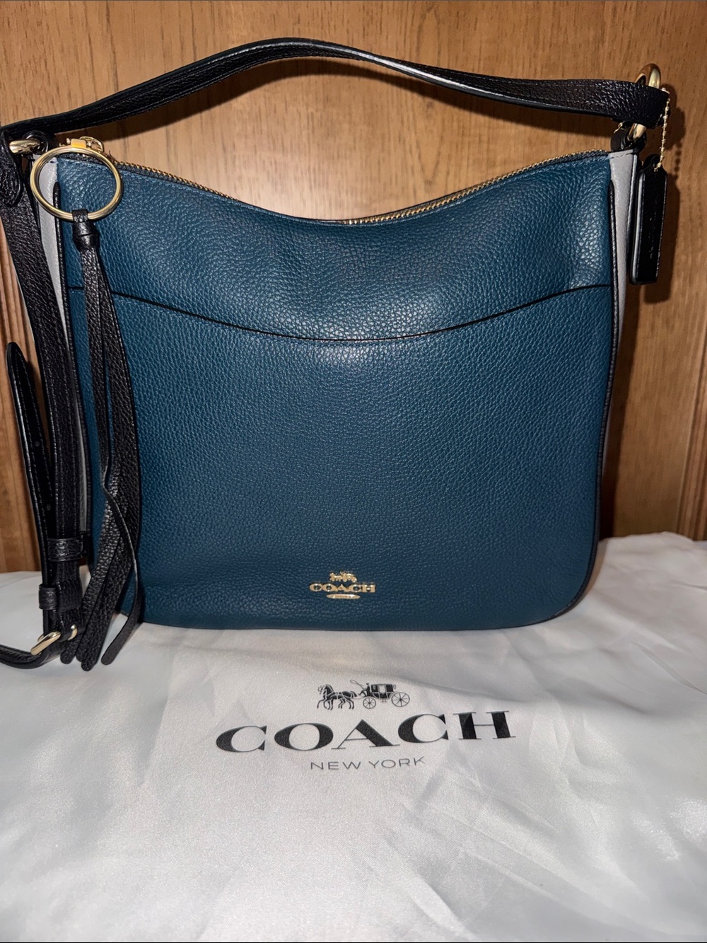 Coach Chaise pebble leather gold hardware dark, teal, and gray Crossbody bag